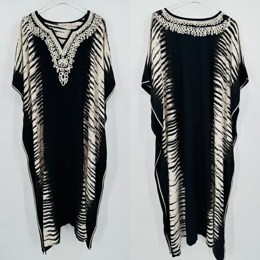 Soft Surroundings Size Small/Medium Black & Cream Embroidered Kaftan Maxi Dress